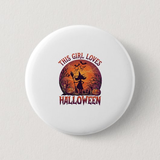 Mädchen liebt Halloween Hexe Kürbisse Fledermäuse_ Button (Vorderseite)