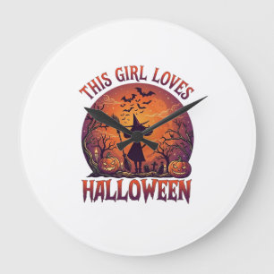 Mädchen liebt Halloween Hexe Kürbisse Fledermäuse_ Große Wanduhr