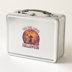 Mädchen liebt Halloween Hexe Kürbisse Fledermäuse_ Metall Brotdose