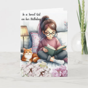 Mädchen liest Bücher und Katze Geburtstag Karte