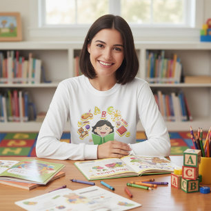 Mädchen liest und lernt ABC-Buchstaben und Spielze T-Shirt