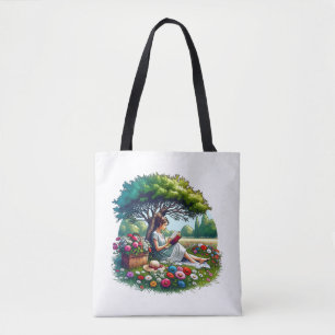 Mädchen liest unter einem Baum, umgeben von Blumen Tasche