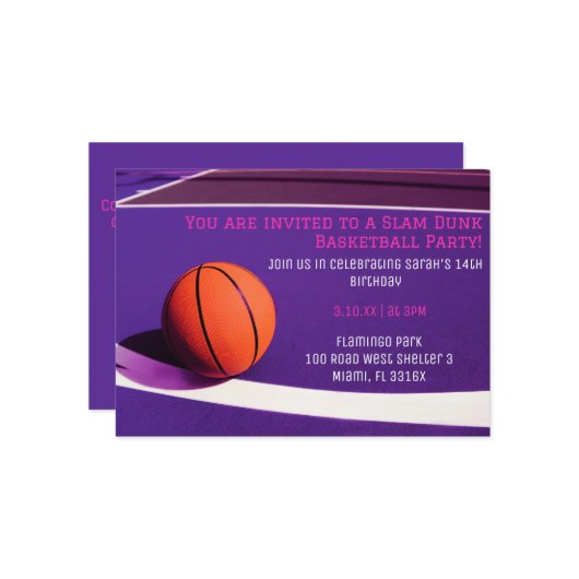 Mädchen lila Basketball Geburtstag Einladungen (Vorderseite/Rückseite Beispiel)
