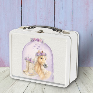 Mädchen Lila Blumen Pferd Metall Brotdose