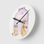 Mädchen Lila Blumiges Pferd Runde Wanduhr (Winkel)