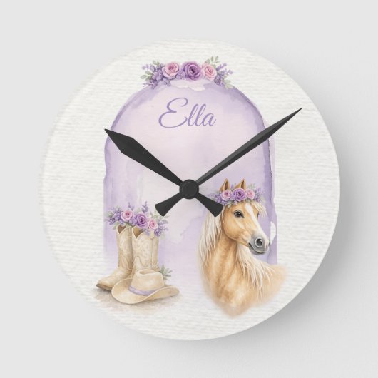 Mädchen Lila Blumiges Pferd Runde Wanduhr (Vorderseite)