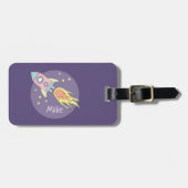 Mädchen: Lila Galaxy-Raketenschiff-Kinder Gepäckanhänger (Vorderseite horizontal)