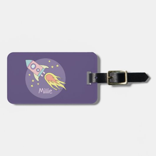 Mädchen: Lila Galaxy-Raketenschiff-Kinder Gepäckanhänger (Vorderseite horizontal)