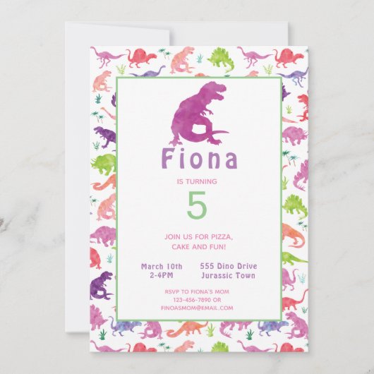 Mädchen Lila Pink Dinosaurier Geburtstagseinladung (Vorderseite)