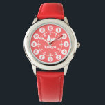 Mädchen lila, rosa, weiße Armbanduhr<br><div class="desc">Kinder der grafischen Kunst sehen mit einem einfachen weißen Schmetterling. Das Hotel ist ideal für Mädchen im Schulalter, die lernen, eine Uhr zu lesen, als Funktionen sowohl von Minuten als auch von Stunden. Anpassen mit Ihrem Namen Beispiel liest Tanya. Ideal für Schule und Sport, da die Mädchen ihren vollen Namen...</div>
