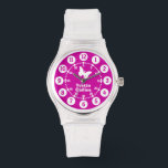 Mädchen lila, rosa, weiße Armbanduhr<br><div class="desc">Kinder der grafischen Kunst sehen mit einem einfachen weißen Schmetterling. Das Hotel ist ideal für Mädchen im Schulalter, die lernen, eine Uhr zu lesen, als Funktionen sowohl von Minuten als auch von Stunden. Anpassen mit Ihrem vollständigen Namen Beispiel liest Yvette Collins. Ideal für Schule und Sport, da die Mädchen ihren...</div>