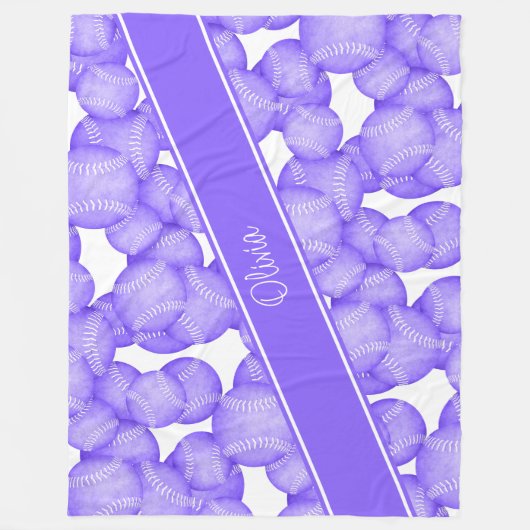 Mädchen lila Softballs mit Monogramm Fleecedecke (Vorderseite)