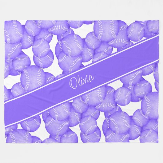 Mädchen lila Softballs mit Monogramm Fleecedecke (Vorderseite (Horizontal))