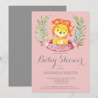 Mädchen-Löwe-Babyparty-Einladungs-Rosa und Grau