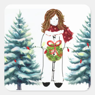 Mädchen macht sich für Weihnachten bereit Quadratischer Aufkleber