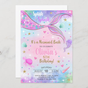 Mädchen Meerjungfrau Aquarell und Gold Geburtstag Einladung