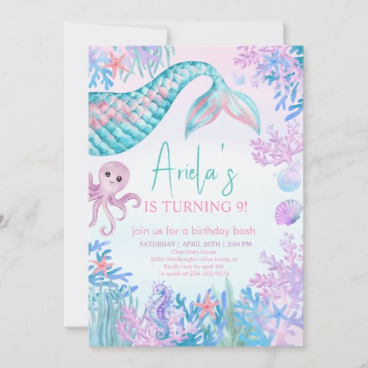 Mädchen Meerjungfrau Bash unter dem Meer 1. Geburt Einladung (Vorderseite)