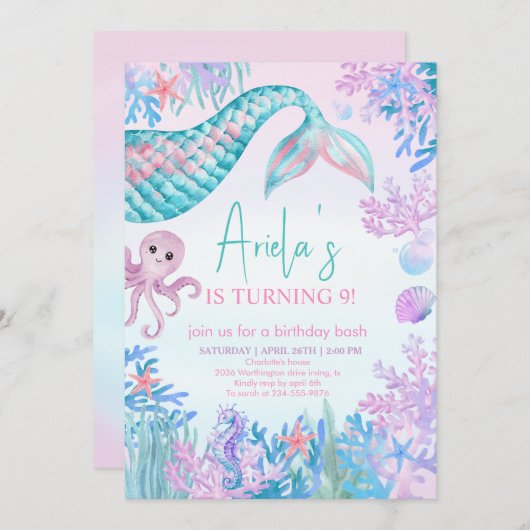 Mädchen Meerjungfrau Bash unter dem Meer 1. Geburt Einladung (Vorne/Hinten)