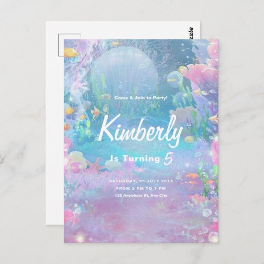 Mädchen Meerjungfrau Geburtstag, Mädchen Party Postkarte (Vorne/Hinten)