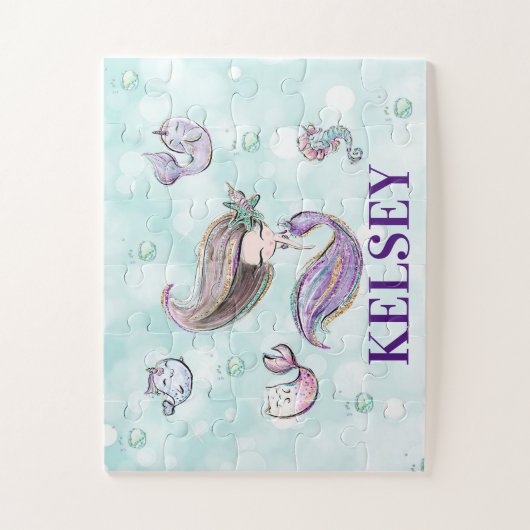 Mädchen Meerjungfrau & Meerestiere Personalisierte Puzzle (Vertikal)