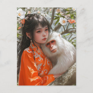 Mädchen mit Affen chinesischer Zodiac Art Postkarte