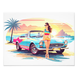 Mädchen mit Auto und Traumwelt Fotodruck
