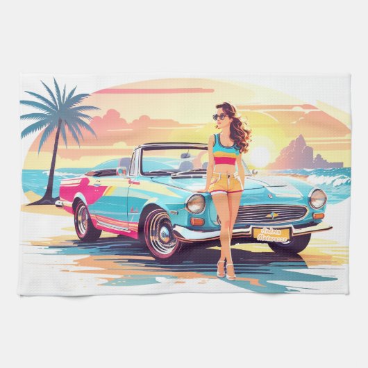 Mädchen mit Auto und Traumwelt Geschirrtuch (Horizontal)