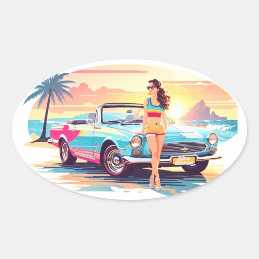 Mädchen mit Auto und Traumwelt Ovaler Aufkleber (Vorderseite)