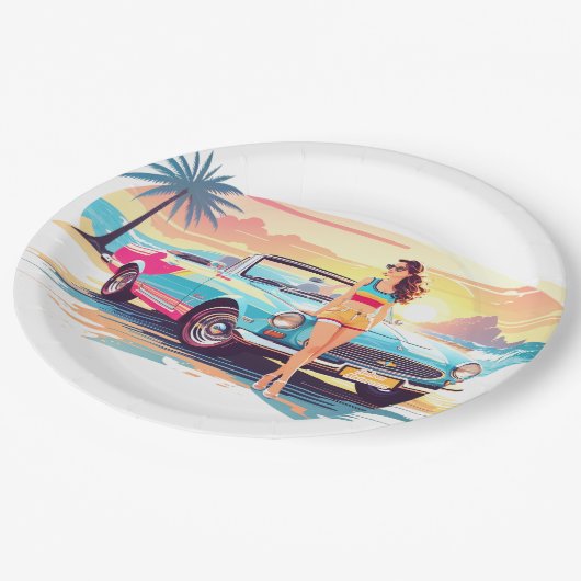 Mädchen mit Auto und Traumwelt Pappteller (Schrägansicht)