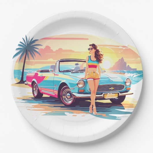 Mädchen mit Auto und Traumwelt Pappteller (Vorderseite)