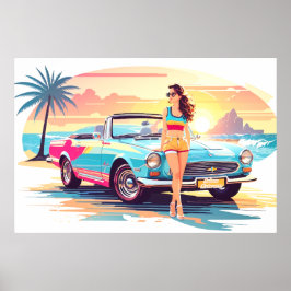 Mädchen mit Auto und Traumwelt Poster