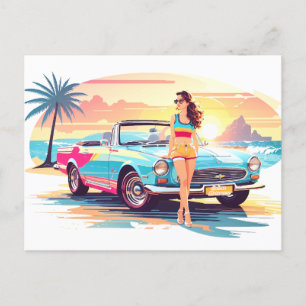 Mädchen mit Auto und Traumwelt Postkarte