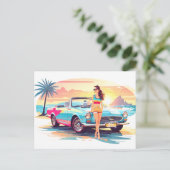 Mädchen mit Auto und Traumwelt Postkarte (Stehend Vorderseite)