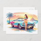 Mädchen mit Auto und Traumwelt Postkarte (Vorne/Hinten)