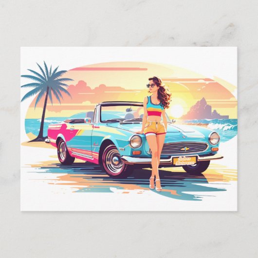 Mädchen mit Auto und Traumwelt Postkarte (Vorderseite)