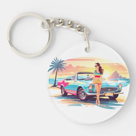 Mädchen mit Auto und Traumwelt Schlüsselanhänger (Vorderseite)