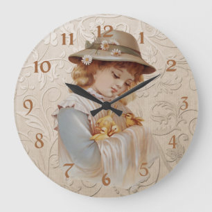 Mädchen mit Baby Ducks Große Wanduhr
