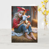 Mädchen mit Baby Lamm zum Geburtstag Karte (Gelbe Blume)