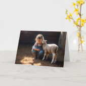 Mädchen mit Baby Lamm zum Geburtstag Karte (Gelbe Blume)