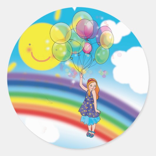 Mädchen mit Ballons auf dem Hintergrund von Regenb Runder Aufkleber (Vorderseite)
