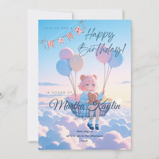 Mädchen mit Ballons Träumerischer Himmel Party Kar Einladung (Vorderseite)