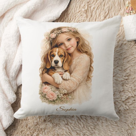 Mädchen mit Beagle-Welpe Kissen (Decke)
