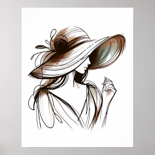 Mädchen mit Big Hat - Minimalistische Linie Kunst Poster (Vorne)