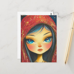 Mädchen mit blauen Augen und Haaren, das Rot trägt Postkarte