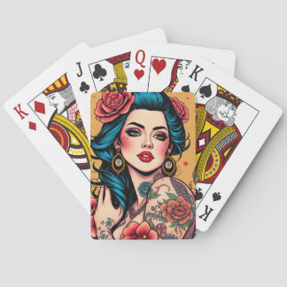 Mädchen mit blauen Haaren und Rosen im Pin-Up-Stil Spielkarten