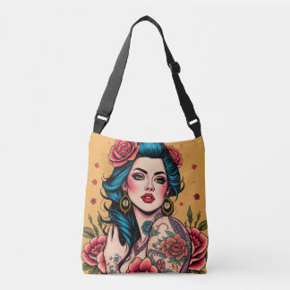 Mädchen mit blauen Haaren und Rosen im Pin-Up-Stil Tragetaschen Mit Langen Trägern