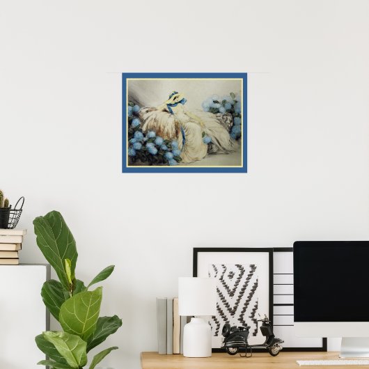 Mädchen mit blauen Hydrangeas Poster (Heimbüro)