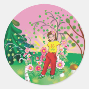 Mädchen mit Blume im Hintergrund Runder Aufkleber
