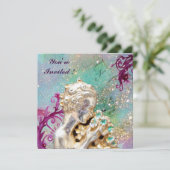 MÄDCHEN MIT BLUME IN GOLD GLITZERN, Blue Saphir Einladung (Stehend Vorderseite)