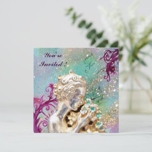 MÄDCHEN MIT BLUME IN GOLD GLITZERN, Blue Saphir Einladung (Stehend Vorderseite)